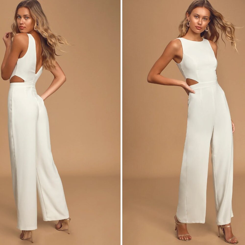 Moments to Remember White Sleeveless Wide - Leg Cutout Jumpsuit - S